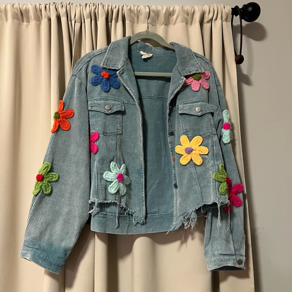 BiBi Light Blue Corduroy Jean Jacket with Multicolor Crochet Flowers